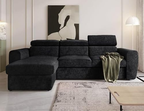 MODERNO Ecksofa mit Schlaffunktion Napoli - Sofa mit 3 Sitzen - Schlafcouch L-Form - Modern Couch - Ecke Schwarz