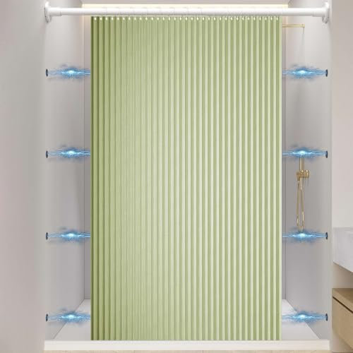 Momooda Tenda Doccia Magnetica Pieghevole Resistente con Ganci, Antispruzzo, Tenda da doccia Impermeabile Antimuffa in lino per il bagno, Verde mela, 80x200cm