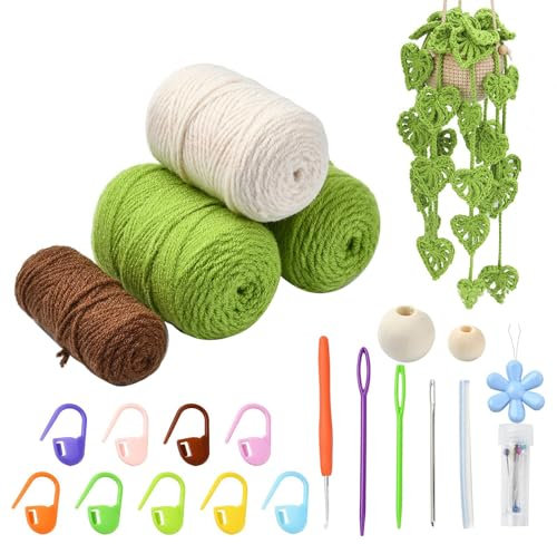 Airssory Green Monstera Leaf Crochet Kit DIY Wool Yarn Woven Creative Hanging Basket Plants Knitting Kits with Step-by-Step Video for Beginner Home Keychain Decoration