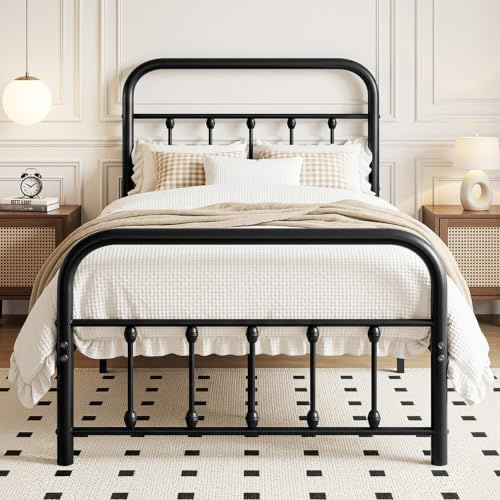 VECELO Bettrahmen 90 x 200 cm Metallbett mit Lattenrost und Hohem Kopfteil, Modern Gästebett Jugendbett, Einfacher Aufbau für Schlafzimmer Gästezimmer, Schwarz