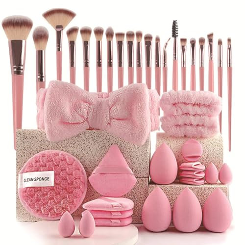 Lot de 40 pinceaux de maquillage professionnels pour femme - Mélange de fond de teint - Outils de beauté de qualité supérieure - Éponge pour fond de teint et applicateurs de maquillage - Rose
