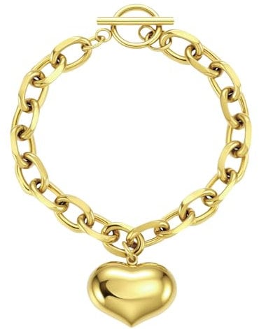 Emibele Gold Heart Charm Bracelet for Women, Stainless Steel Non Tarnish 18K Gold Plated Charm Bracelet, OT Clasp Chunky Heart Pendant Jewelry, Valentine's Mothers Day Birthday Jewelry Gifts for Her