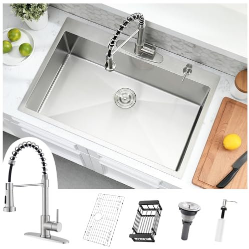 Kitead Kombi-Set für Küchenspüle und Wasserhahn, 91,4 x 55,9 cm, Edelstahl, 25,4 cm tief, Einzelbecken-Aufsatz-Spülbecken mit Wasserhahn-Kombination