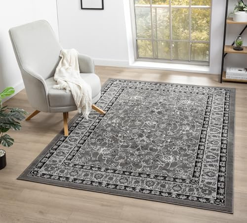 Obsidian Modern Low Pile Area Rug - Polypropylene Weaving - Jute Backing - Floral Traditional Abstract Designs Rugs, Grey, 200x290 cm