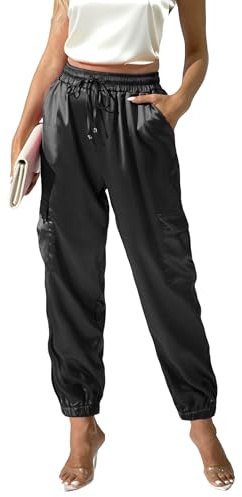 Damen Satin Cargo-Jogginghose mit mehreren Taschen, hoher Taille, Hose seidig glänzend für Party Nachtclub Straßen-Outfit, Schwarz, X-Groß