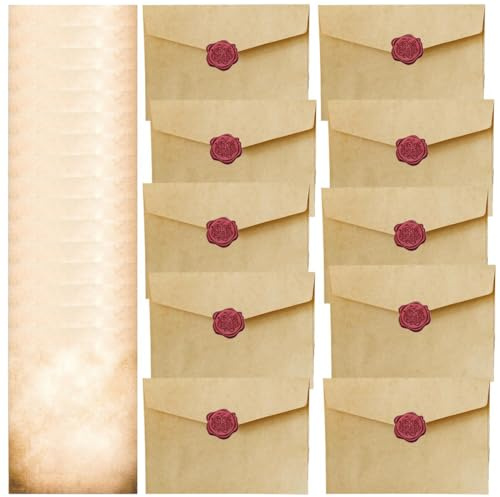 L'ensemble de Papeterie Vintage Papier, Papier a Lettre avec Enveloppe, 10 Autocollants de Sceau en Cire et 16 A5 Papier à Lettre Kraft Vintage, 10 Enveloppes de Papier Vintage pour Invitations