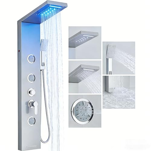 Panneau de douche avec mitigeur 6 fonctions, LED et douche de pluie cascade colonne en acier inoxydable nickel brossé avec 3 jets de massage, évacuation de la baignoire