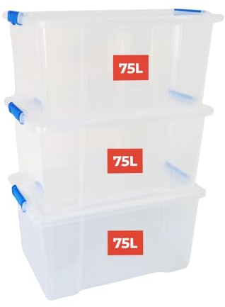 Marco Paul Extra Large Storage Box with Lid - Set of 3 Strong Clip Lock Lid 75L Clear Stackable Plastic Storage Box With Lid Containers For Home, Kitchen, Moving, Garage & Office