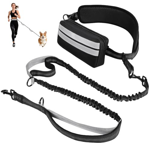 OFFCUP Handfritt hundkoppel med justerbart midjebälte, reflekterande midjekoppel för löpning, promenader, jogging, vandring med dubbla handtag och hållbar bungee(A)