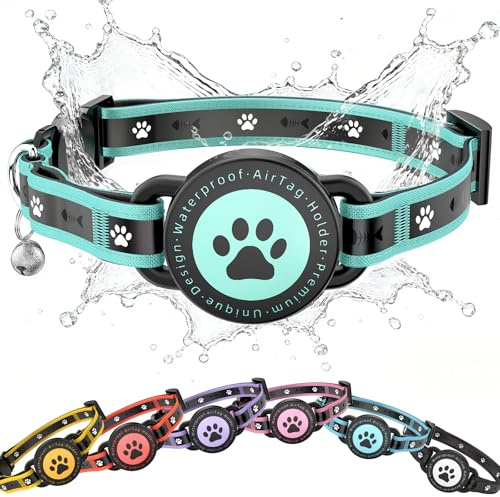 JIARUI Airtag Katzenhalsband mit Sicherheitsverschluss & AirTag Halter | Reflektierend Katzenhalsband und Glocke, Bequeme Polsterung & Verstellbar Wasserdicht Kätzchenhalsban (Türkis, 8-10.5)