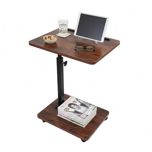 Relaxdays Beistelltisch C-Form, höhenverstellbar, 48–84 cm, Sofatisch zum Unterschieben, mit Rollen, Industrial, braun