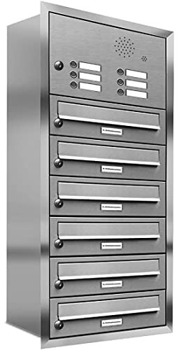 AL Briefkastensysteme, 6er Unterputzbriefkasten, Briefkasten mit Klingel, 6 Fach, Briefkastenanlage modern, rostfrei Edelstahl Postkasten
