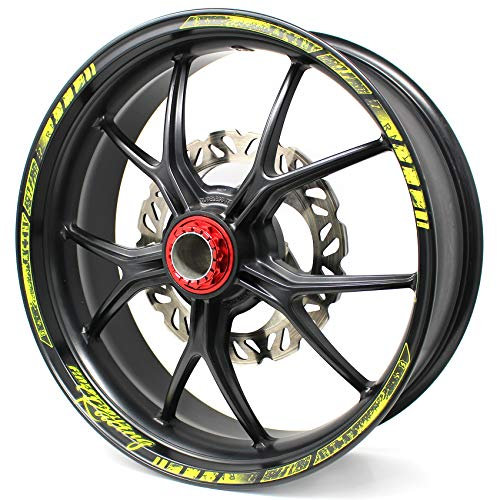 18 Teiliges Felgenrandaufkleber Neon Line Felgendesign inkl. Felgenbettaufkleber Komplett-Set -Finest Folia passend für 17 Zoll & 16 18 19 Felgen Motorrad Auto Fahrrad MR003 (Neon Gelb, Glanz)