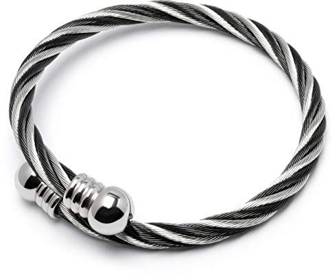 Schmuck-Checker Flexibler 316L Edelstahl Stahlseil Armreif silber schwarz gold roségold Damen Herren Geschenk Armspange hochwertiges Armband (Silber & Schwarz)