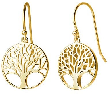 Boucles D'oreilles Arbre de Vie Pendantes en Argent 925/1000 Plaqué Or Jaune Cadeau Bijoux pour Femme - Diamètre: 15 mm