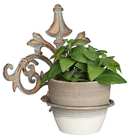 relaxdays Support Pot de Fleurs Baroque, Fonte, décoration, Porte Plantes Mural extérieur, Ø 13,5 cm, Gris-doré, Multicolore