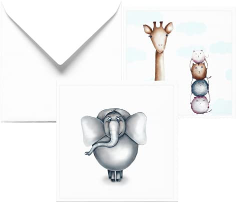 Dori´s Prints Taufkarte für Junge - Glückwunschkarten zur Geburtstag - 2 Set Grußkarten mit Giraffe und Elefant - Geburtstagskarten für Kindergeburtstag - Safari Tiere Karten