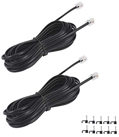 YIENFBEV 15FT Telephone Extension Cord Cable, Landline Phone Line Wire with RJ11 6P4C Plugs, Includes Cable Clips - Black - 2 Pack