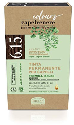 Helan, Capelvenere Colours, Tinte Pelo Mujer, Tinte Natural para Cabello Permanente, N6.15 Rubio Ceniza Caoba - Kit Fácil Aplicación sin Olor, Excelente Cobertura, sin Amoníaco ni Alcohol, 125 ml