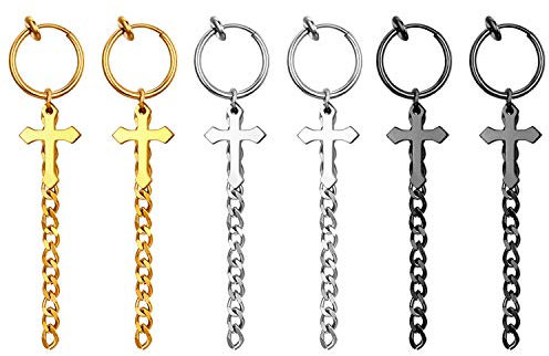 OIDEA Unisex Ohrringe Kreuz Creolen: 3 Paare Herren Damen Ohrclips mit Lange Kette Edelstahl Schwarz Silber Gold Ohrschmuck Set Geschenk für Männer Frauen