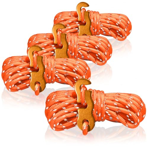 COM-FOUR® 4X haubans, chacun 4m pour Le Camping, réfléchissants en Orange | cordon de tente avec boucle en aluminium - cordon de camping - tendeur de corde - corde de tente - sangle tempête