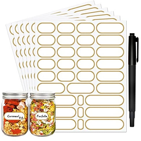 JaoNanl Abnehmbare White-Label-Aufkleber mit Goldrand, selbstklebendem, leerem Küchen-Namensschild, für Lebensmittelbehälter, Gewürzdosen, Vorratsbehälter, 4 Größen mit 1 Marker, 192 Stück