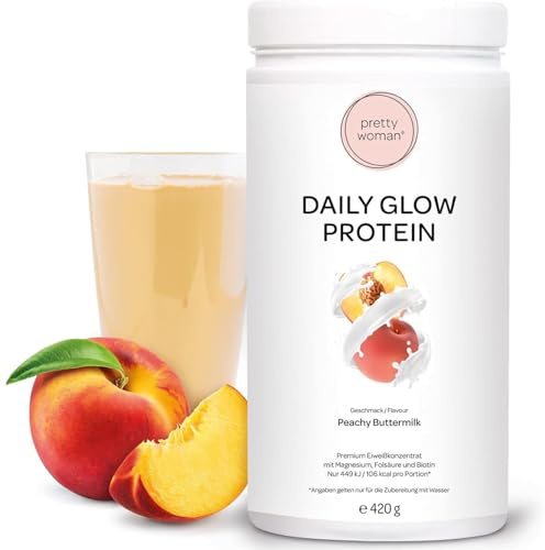 pretty woman Daily Glow Protein Pulver Peachy Buttermilk 420 g | Low Carb Shake, mit Vitaminen & Mineralien, Biotin & Folsäure, nur 0,5g Zucker pro Portion