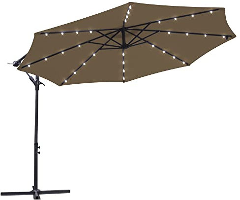 Green Bay 3M Taupe Cantilever Banana Parasol with Crank Handle and LED Lights for Outdoor Garden Sun Shade