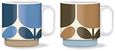 Orla Kiely Set of 2 Stacking Mugs Ceramic Block Flower- Navy/Bark Gift Boxed