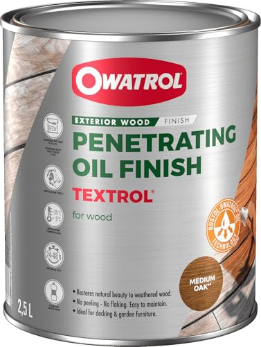 OWATROL TEXTROL - Saturateur Bois Extérieur à Base d'Huiles Naturelles Végétales - Teinte Chêne Moyen - Pour Chalets, Barrières, Abris de Jardin, Bardages, Terrasse - 2.5 L