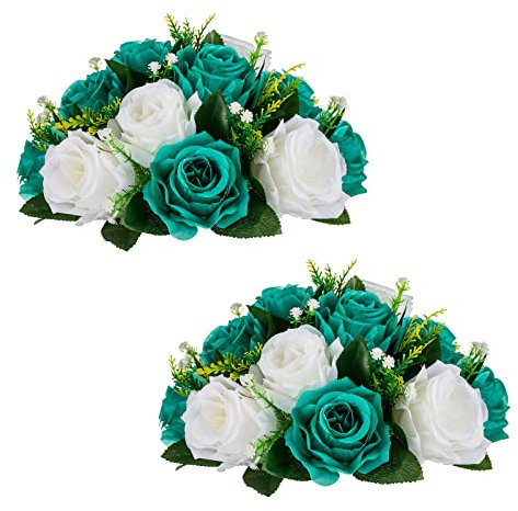 BLOSMON Blumenstrauß Blumengestecke Künstlich Deko Rose 2 Pcs Künstliche Blumenstrauss Blau-Grün & Weiß Blumen Tischdekoration Blumenkugel Valentinstag Rosenstrauss for Hochzeit Muttertagsgeschenk