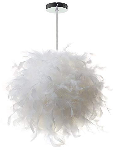 WOTTES Feder-Pendel-Lampenschirm Moderne dekorative Pendelleuchte Feder-Deckenlampe E27-Fassung 40W geeignet für Schlafzimmer, Flur, Wohnzimmer (Leuchtmittel nicht enthalten) (Weiß Ø 25cm)