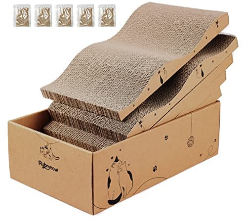 RUBMEOW Cat Scratcher Cardboard Scratch Pad Box for Indoor Cats,5pcs Scratching Board Bed Reversible Durable,with Catnip