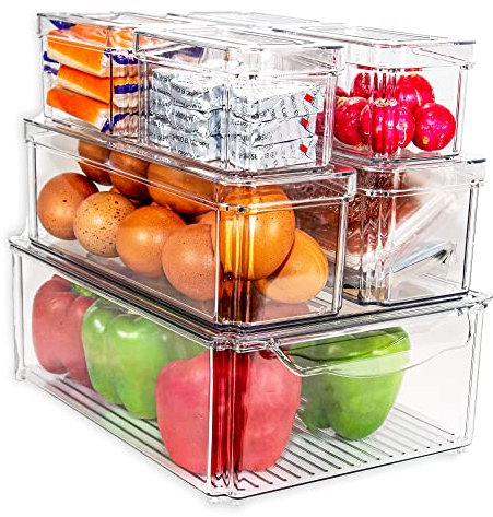 Organizador de nevera. Cajas de plastico para cocina, y despensa. 7 organizadores transparentes con tapa para almacenaje en frigorifico, y baño.