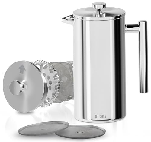 KICHLY French Press Kaffeebereiter 20 Oz - 600 ml (3 Tassen) - Kaffeemaschine mit dreifachem Edelstahlfilter & isolierten Wänden - Silber