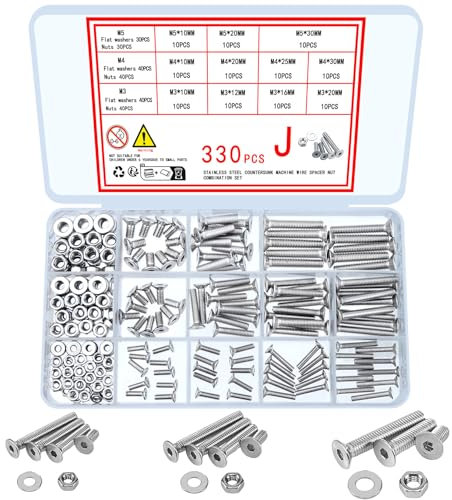 330 Stk Flachkopf Innensechskantschrauben und Muttern und Unterlegscheiben Sortiments Set, M3 M4 M5 Edelstahlschrauben und Maschinenschrauben Senkkopf Schrauben (330)