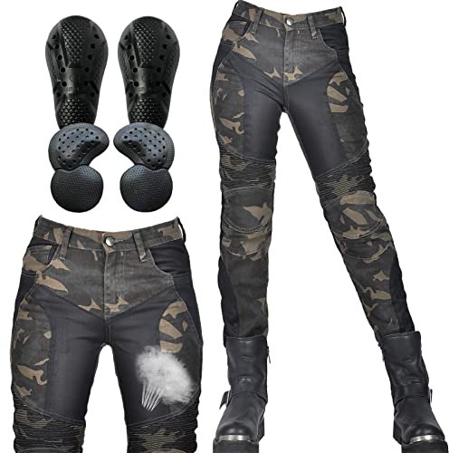SHUOJIA Pantalones vaqueros de moto para mujer, pantalones vaqueros de camuflaje con malla transpirable y protectores extraíbles de cadera y rodilla (Green,S)