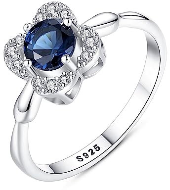 Bellitia Jewelry Blume Ring 925 Sterling Silber, Sri Lanka Blauer Saphir & CZ Diamant Ehering Verlobungsring Promise Ring Silber 925 Damen Schmuck Geschenke