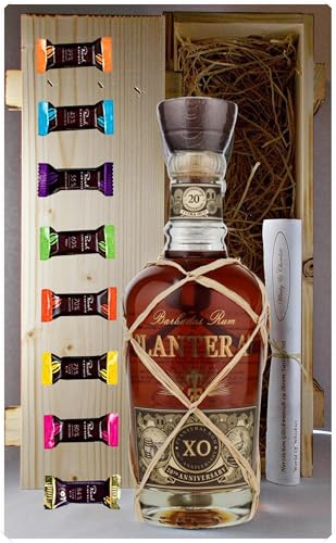 Planteray Extra Old 20th Anniversary Rum & 8 Edelschokoladen in Holzkiste | Plantation 0,7L Geschenk in geflammter Holzkiste mit Rausch Edelschokoladen - welch ein Genuss Geschenkset Männergeschenke