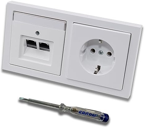Busch Jäger, Rutenbeck Unterputz Netzwerkdose 10 Gigabit/S KAT6A 6A 2 x RJ45 Anschluss + Steckdose 20EUC-84 im BJ Future Linear Studioweiß Design + EBROM Phasenprüfer z. Montage d. Geräte