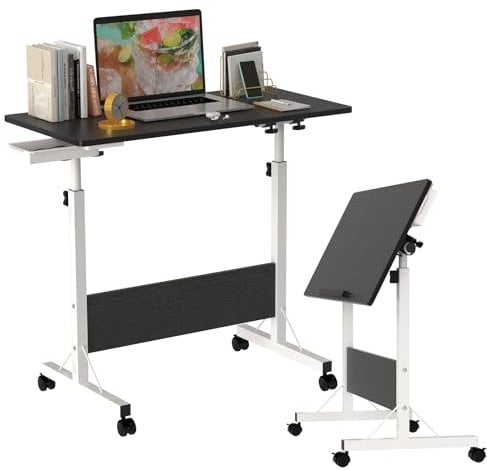 Laptoptisch Beistelltisch mit Rollen, Schreibtisch Computertisch, höhenverstellbar, zusammenklappbar, 80x40 cm, mit 4 Rollen, Bürotisch, mit Kleiner Schublade für Bett und Sofa