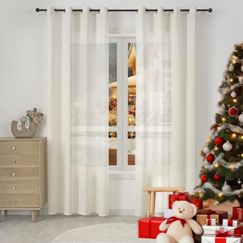 WOLTU Gardine mit Ösen, Vorhang Leinenoptik, Verdunklungsvorhang Blickdicht, Thermovorhang Halbtransparent, Gardinenschal modern, für Wohnzimmer Schlafzimmer, 135 x 245 cm, Creme