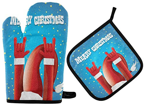 Oven Mitts Set Funny Santa Claus Pot Holders Xmas Snow Rock N Roll Kitchen Oven Glove Baking Mitts 2PCS Cooking Stove Gloves Potholders Heat Pads for Grilling BBQ
