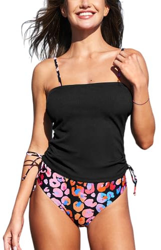 CUPSHE Tankini 2 pièces pour femme - Maillot de bain froncé avec cordon de serrage et bas taille haute côtelé, Noir/rose léopard, Taille M