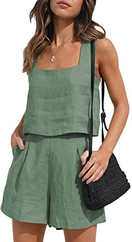 Qianderer Set abiti estivi da donna 2 pezzi in lino, set coordinati 2 pezzi pantaloncini da salotto, pantaloncini e crop top con tasche per vacanza al mare, S