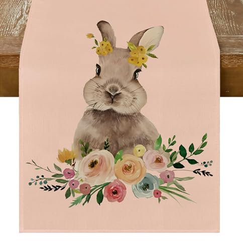 RABUSOFA Tischläufer mit Osterdekoration, 33 x 183 cm, rosa Hase, Blume, dekorativer Küchen-Esstischläufer, Dekoration, Frühling, Sommer, für Zuhause, Party, Urlaub (53 - 183 cm)