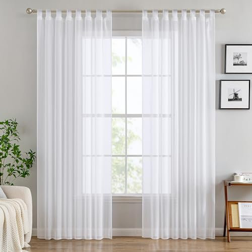 EMEMA Gardinen Transparent Vorhang Set Wohnzimmer Voile Schlaufenschal mit Bleibandabschluß 2er-Pack Wohnzimmer Luftig Dekoschal für Schlafzimmer 140 X 245 cm (B x H) Weiß