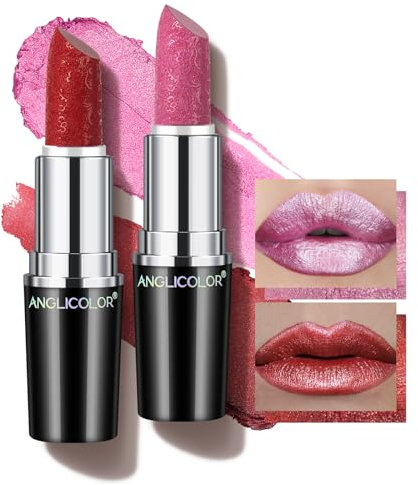 Angclolor Glitzer Lippenstift Metallic Glänzend Glossy, Shimmer Lipstick Seidig Velvet Langanhaltend Feuchtigkeitsspendende, Vegan Lipgloss Damen Mädchen Make-up (12+15,8g)