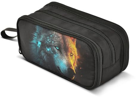 ZAZYXTJ Wolf Federmäppchen mit großem Fassungsvermögen, 3 Fächer, Stifteetui, Aufbewahrung, Leinen, Make-up-Tasche für Schule, Büro, Teenager, Mädchen, Jungen, Männer und Frauen