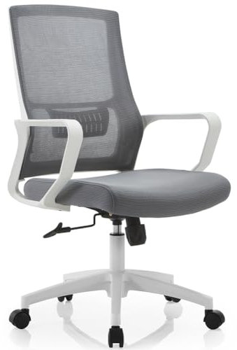 Shally Dogan Sedia da Ufficio Ergonomica Girevole con Supporto Lombare, Poltrona da Scrivania, Studio, Cameretta, Reclinabile con Altezza Regolabile, Base Bianca Robusta, Schienale Antisudore (Grigio)